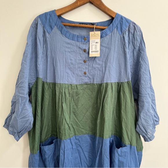 Gudrun Sjõdén 100% Cotton Green Blue Kaftan-Style ¾-Sleeve Maxi Crinkle Dress XL - Picture 2 of 12